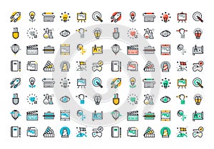 Flat line colorful icons collection of creative process