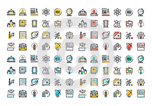 Flat line colorful icons collection of education