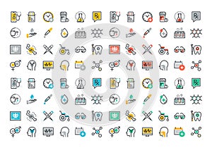 Flat line colorful icons collection of medicine theme