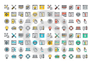 Flat line colorful icons collection of web design and development