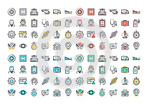 Flat line colorful icons set of healthcare and medicine