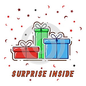 Flat line concept Gift boxes, surprise inside, vector