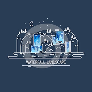 Flat line concept with waterfall and mountain night landscape. Trendy vector graphic design. Travel or tourism adventure backgroun