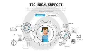 Flat line design concept for technical support, customer service, used for web banners, hero images, printed materials.