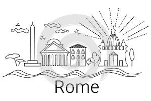 Flat line design style, cityscape of Rome, travel background, isolated, vector illustration