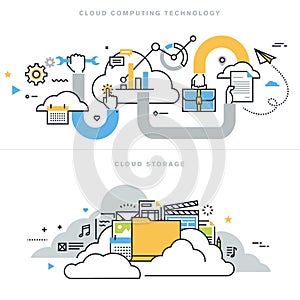 Flat line design vector illustration concepts for cloud computing
