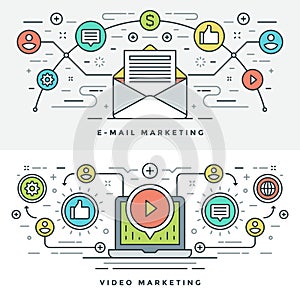 Flat line E-mail and Video Marketing Concept Vector illustration