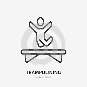 Flat line icon of happy people jumping on trampoline. Thin linear logo for amusement park, corporate party entertainment