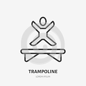 Flat line icon of happy people jumping on trampoline. Trampolining sign. Thin linear logo for amusement park, corporate