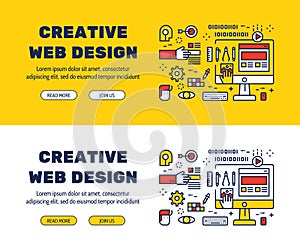 Flat line icons design of CREATIVE WEB DESIGN and elements