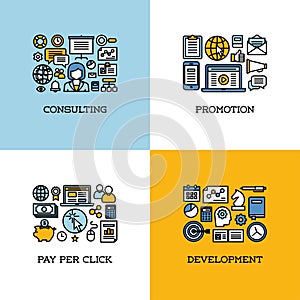 Flat line icons set of consulting, promotion, pay per click