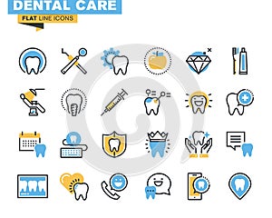 Flat line icons set of dental care theme