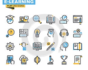 Flat line icons set of e-learning