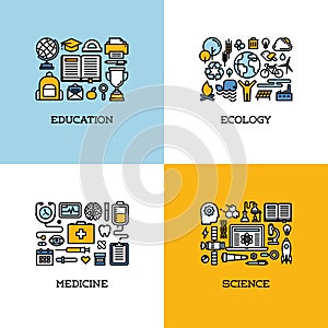 Flat line icons set of education, ecology, medicine, science