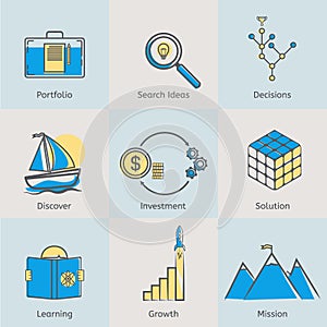 Flat line icons set of portfolio, search ideas