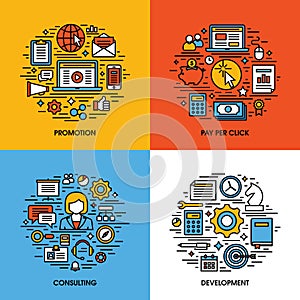 Flat line icons set of promotion, pay per click, consulting, development. Creative design elements for websites, mobile apps and