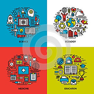 Flat line icons set of science, ecology, medicine, education