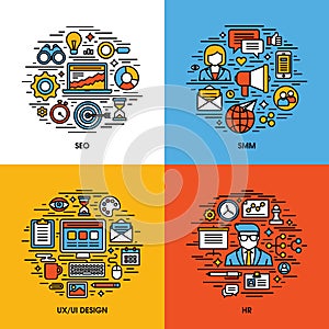 Flat line icons set of SEO, SMM, UI and UX design, photo