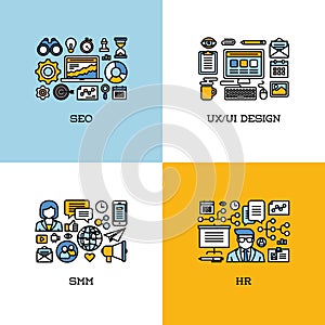 Flat line icons set of SEO, UI and UX design, SMM, HR. Creative