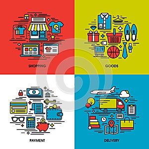 Flat line icons set of shopping, goods, payment, delivery