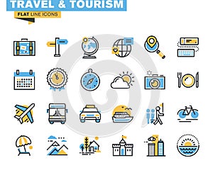 Flat line icons set of travel and tourism