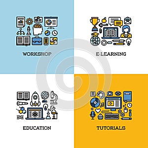 Flat line icons set of workshop, e-learning, education, tutorial