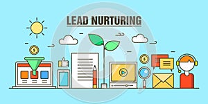 Flat line illustration concept for business lead nurturing web banner