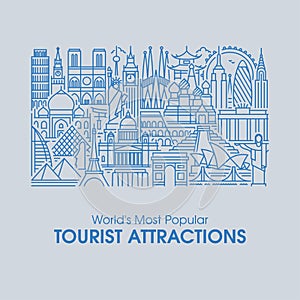 Flat line illustration of world's most popular tourist attractions