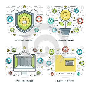 Flat line Internet Security, Financial Growth, Banking Services, Business Concepts Set Vector illustrations.