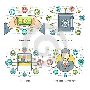 Flat line Investment, Security, E-commerce, Management Business Concepts Set Vector illustrations.