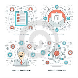 Flat line Management, Employee Search, E-mail Marketing, Business Concepts Set Vector illustrations