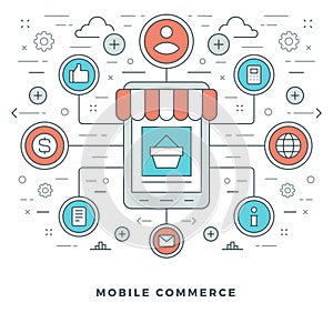 Flat line Mobile Commerce Concept Vector illustration.