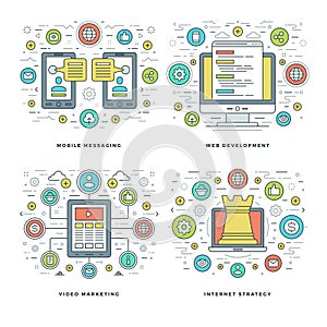 Flat line Mobile Messaging, Codding Development, Marketing, Business Strategy Concepts Set Vector illustrations.