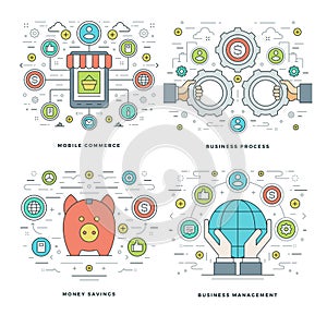 Flat line Money Savings, Internet Shopping, Mobile Payments, Business Process Concepts Set Vector illustrations.