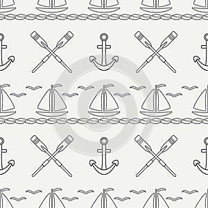 Flat line monochrome vector seamless pattern ocean boat, sail, paddle, anchor. Cartoon retro style. Regatta. Seagull