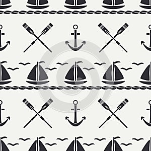 Flat line monochrome vector seamless pattern ocean boat, sail, paddle, anchor. Cartoon retro style. Regatta. Seagull