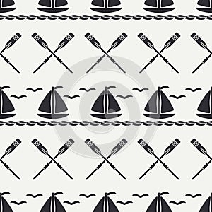 Flat line monochrome vector seamless pattern ocean boat with sail, paddle. Cartoon retro style. Regatta. Seagull. Summer
