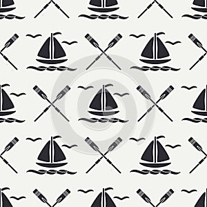 Flat line monochrome vector seamless pattern ocean boat with sail, paddle. Cartoon retro style. Regatta. Seagull. Summer