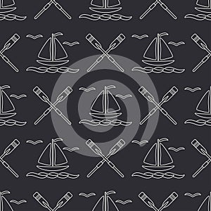 Flat line monochrome vector seamless pattern ocean boat with sail, paddle. Cartoon retro style. Regatta. Seagull. Summer