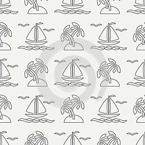 Flat line monochrome vector seamless pattern ocean boat, sail, palm, island. Cartoon retro style. Regatta. Seagull