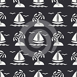 Flat line monochrome vector seamless pattern ocean boat, sail, palm, island. Cartoon retro style. Regatta. Seagull