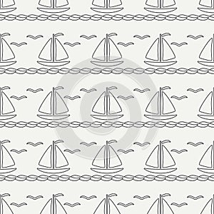 Flat line monochrome vector seamless pattern ocean boat with sail. Simplified retro. Cartoon style. Regatta. Seagull