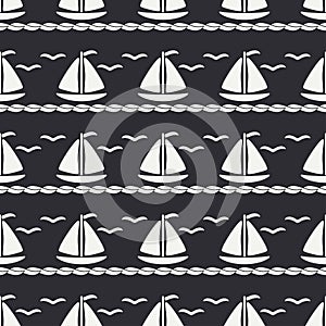 Flat line monochrome vector seamless pattern ocean boat with sail. Simplified retro. Cartoon style. Regatta. Seagull