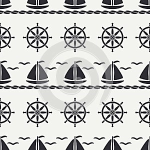 Flat line monochrome vector seamless pattern ocean boat, sail, steering wheel. Cartoon retro style. Regatta. Seagull