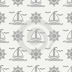 Flat line monochrome vector seamless pattern ocean boat, sail, steering wheel. Cartoon retro style. Regatta. Seagull
