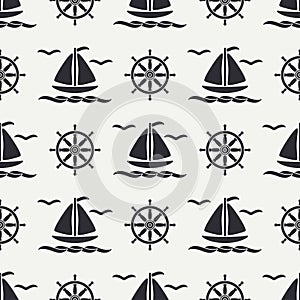 Flat line monochrome vector seamless pattern ocean boat, sail, steering wheel. Cartoon retro style. Regatta. Seagull