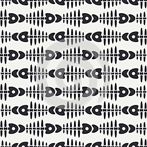 Flat line monochrome vector seamless pattern ocean fish bone, skeleton. Simplified retro. Childish cartoon style. Skull