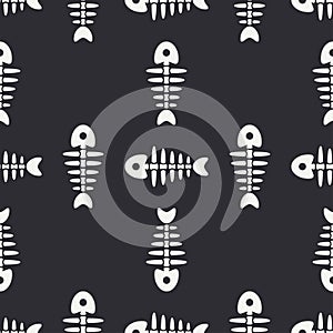Flat line monochrome vector seamless pattern ocean fish bone, skeleton. Simplified retro. Childish cartoon style. Skull