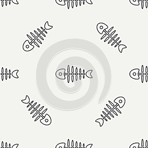 Flat line monochrome vector seamless pattern ocean fish bone, skeleton. Simplified retro. Childish cartoon style. Skull