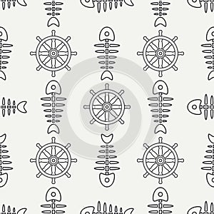 Flat line monochrome vector seamless pattern ocean fish bone, skeleton with steering wheel. Retro cartoon style. Skull